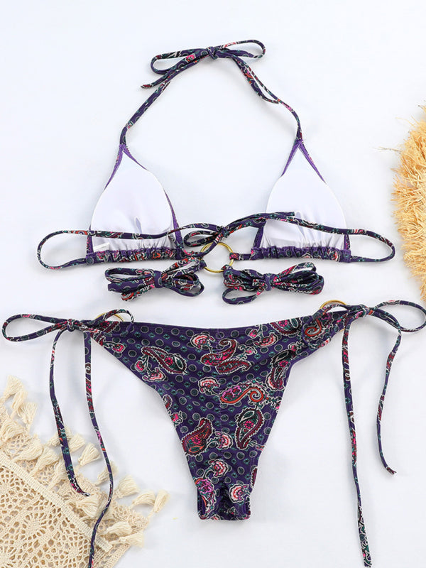 Metal Three-Ring Printed Strappy Split Bikini