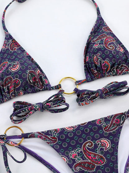 Metal Three-Ring Printed Strappy Split Bikini