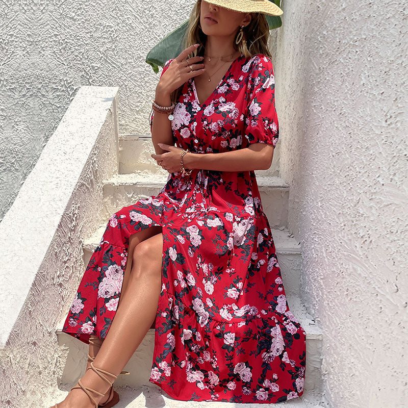 Floral V-Neck Slit Dress